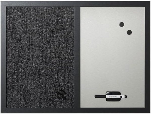 18" x 24", Dry Erase Whiteboard & Bulletin Board Combo, Stylish Metallic Silver, Textured Black Fabric Push Pin Board, Black Wood Frame