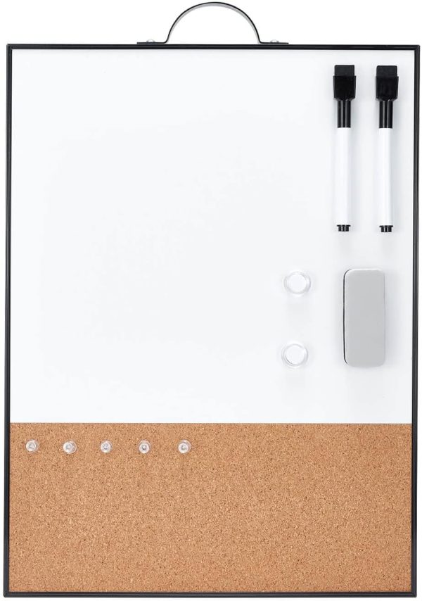 Small Whiteboard Cork-Board - 16" X 12" Portable Aluminum Black Framed Magnetic Dry Erase Board, Small Bulletin Cork Board with Holder for Office, Home and School