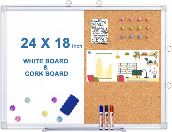 Magnetic White Board and Cork Board Combo, 24 X 18 inches Whiteboard Bulletin Combination Board, Wall Mounted Dry Erase Whiteboard Push Pin Vision Board for Home, School and Office