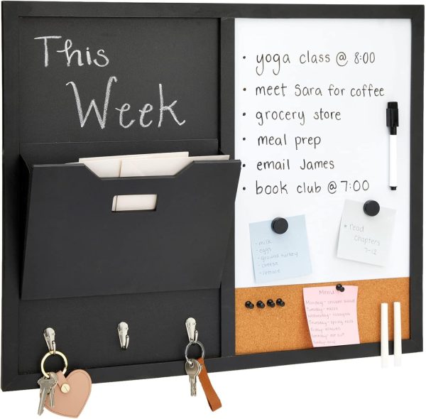 Message Command Center & Wall Mounted Organizer, Family Office Whiteboard, Chalkboard, Cork Board Combo, Mail Inbox Sorter, Key Hooks & Magnets (21.9 x 18.2 x 0.6 inch)