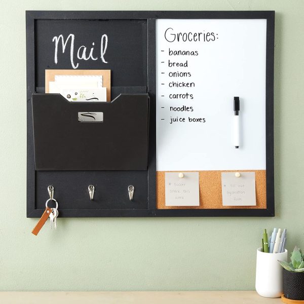 Message Command Center & Wall Mounted Organizer, Family Office Whiteboard, Chalkboard, Cork Board Combo, Mail Inbox Sorter, Key Hooks & Magnets (21.9 x 18.2 x 0.6 inch) - Image 2