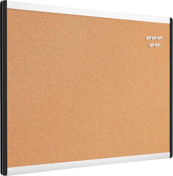 Rectangular Cork Board with Aluminum/Plastic Frame and Mounting Tabs, 23" x 17", Brown